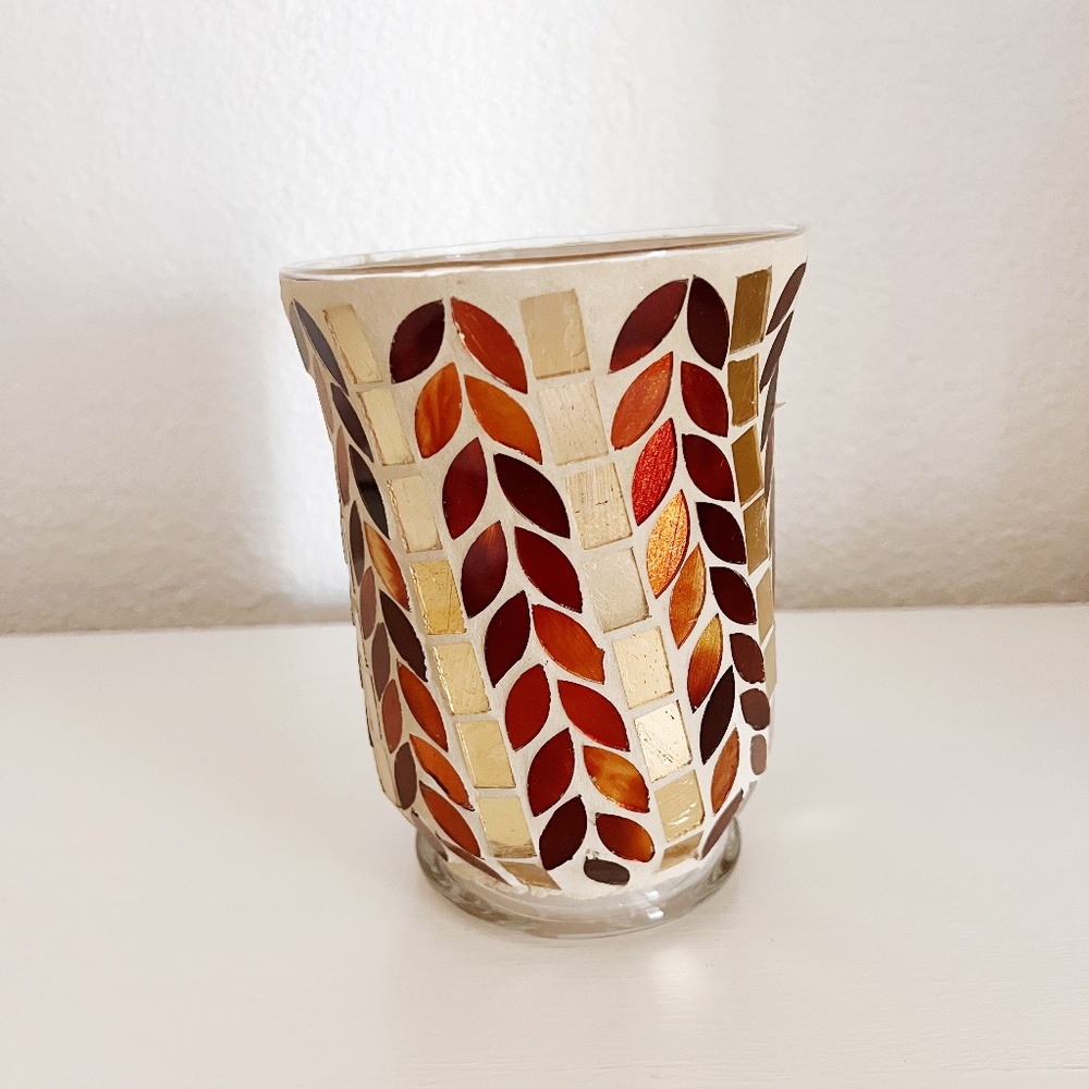 At Home Gold Brown Fall Leaves Mosaic Candle Holder Decor
